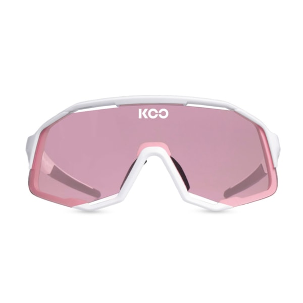 Oculos koo demos armação branca e cor da lente rosa fotocromatica